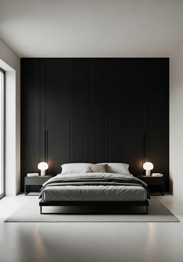 Black wardrobe with wooden details for a sleek and natural bedroom look
