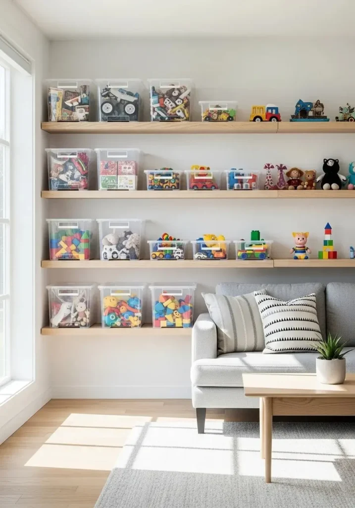 Transparent bins showing toys for easy access and organization.