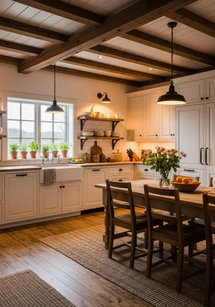 wooden beam kitchen ceiling adding warmth and rustic character to modern kitchen