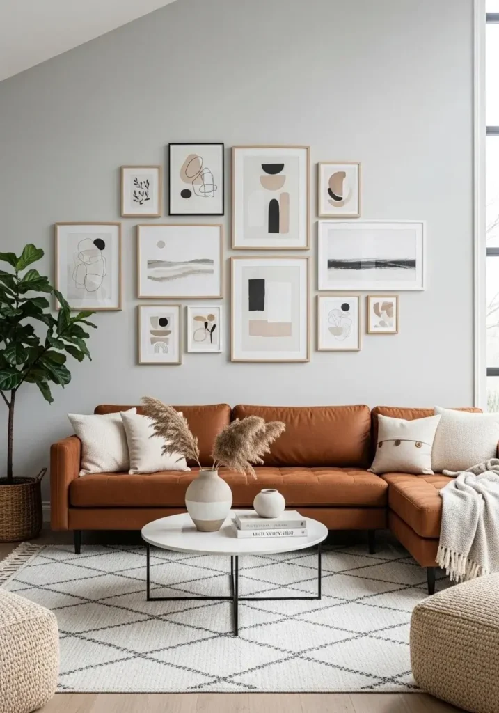 brown couch with gallery wall creating stylish focal point
