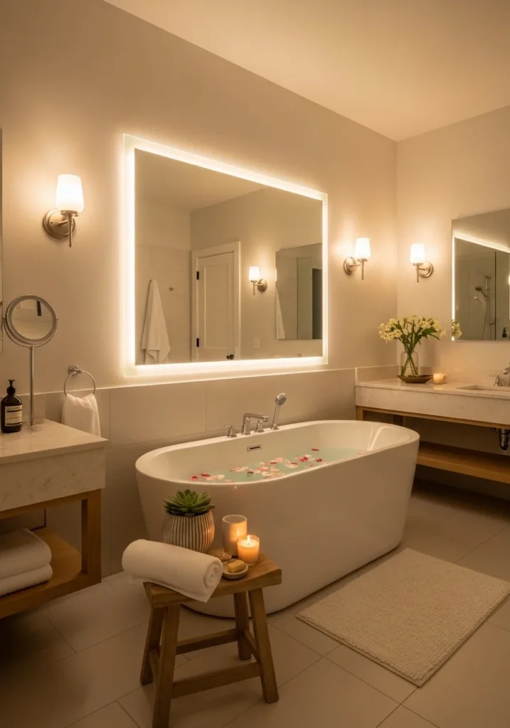 white bathroom with warm lighting creating a cozy and inviting atmosphere