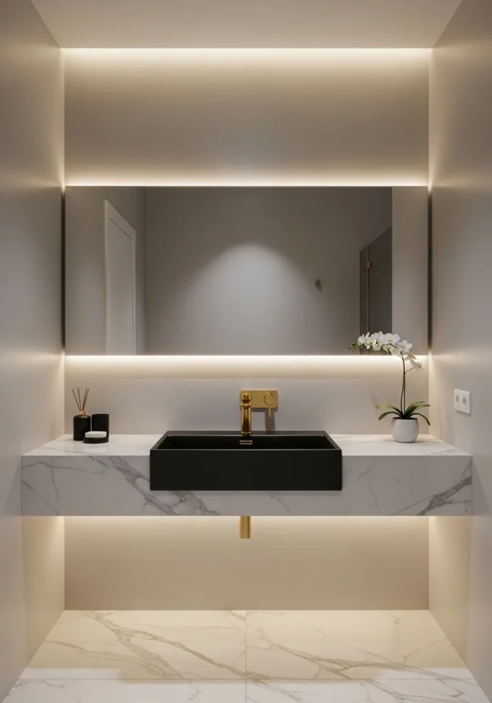 Black sink paired with gold faucet bathroom design