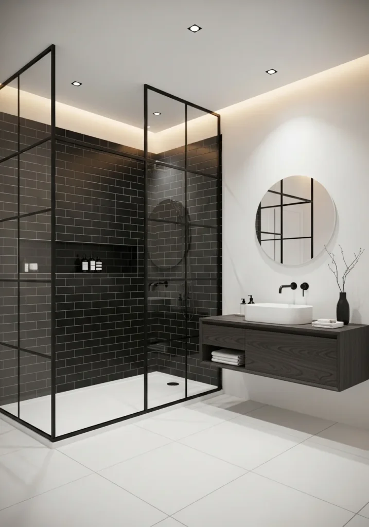 Black subway tile shower with dark grout and warm lighting
