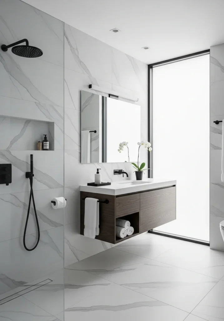 Black and white bathroom with white marble tiles, black fixtures, and elegant spa-style design.
