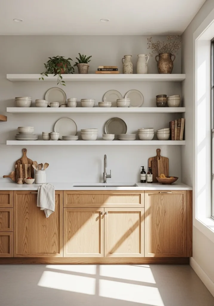 Hickory kitchen with open shelving for a light and modern feel