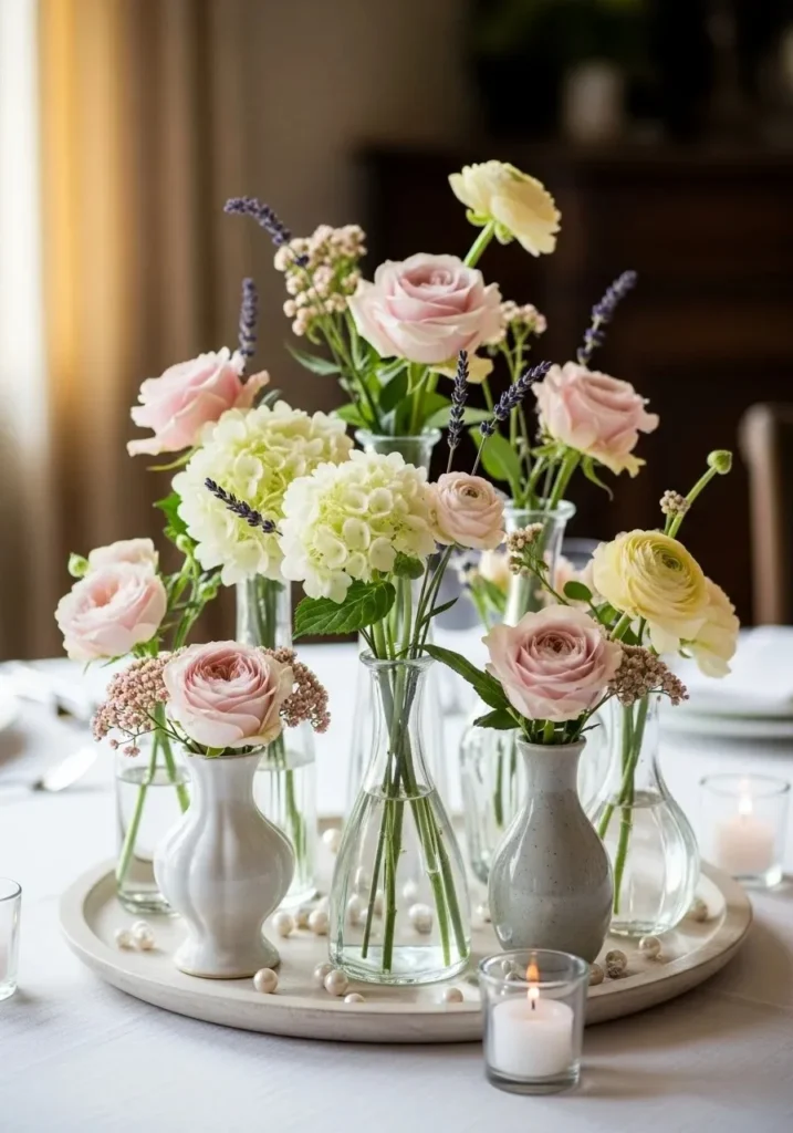 Cluster of small vases with flowers as a creative table centerpiece