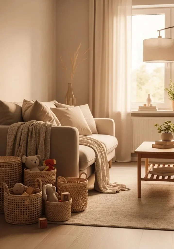 Living room with woven baskets used for stylish hidden toy storage.