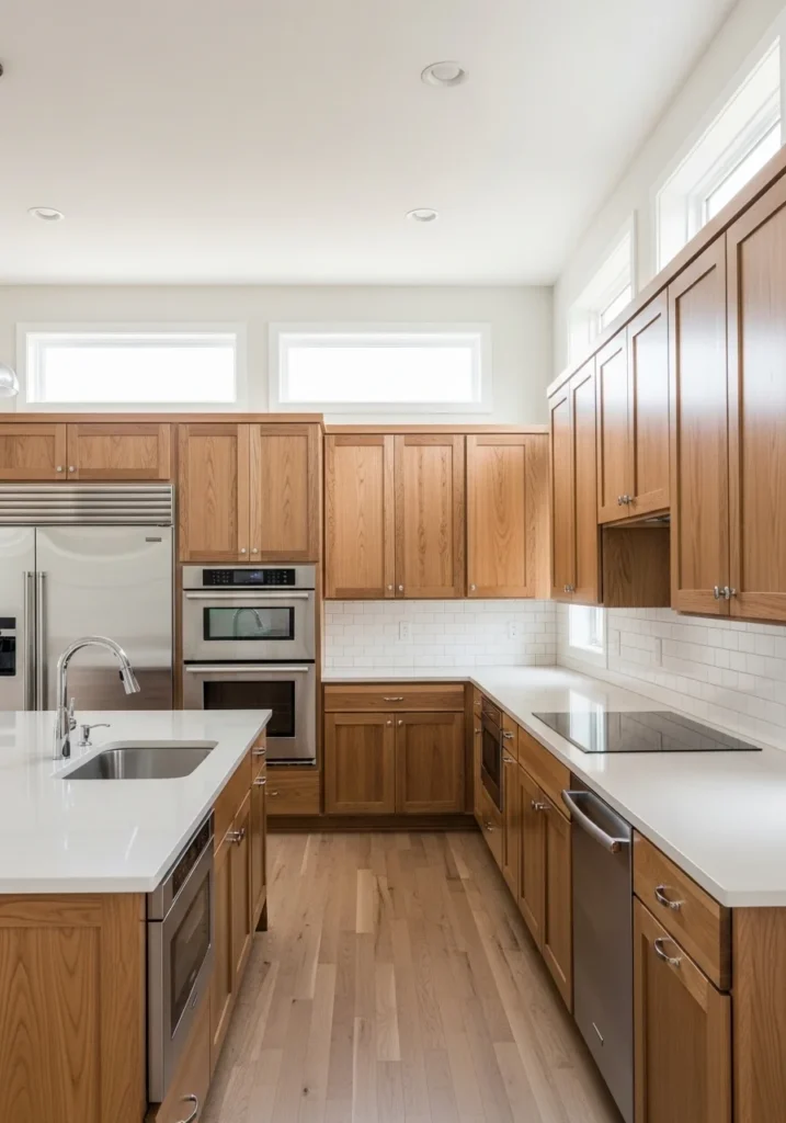 Hickory cabinets paired with white subway tile backsplash for a timeless look