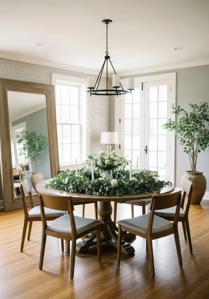 Round dining table with greenery garland creating fresh natural and balanced decor