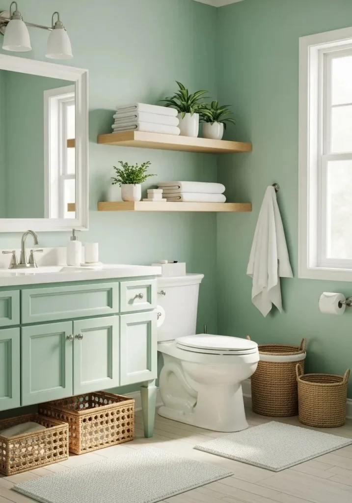 Mint green bathroom with wooden accents and white décor for a fresh and airy feel.