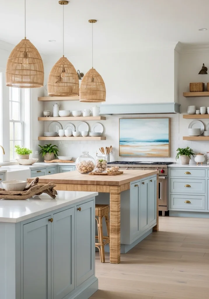 coastal blue kitchen cabinets with natural textures creating a light beachy kitchen