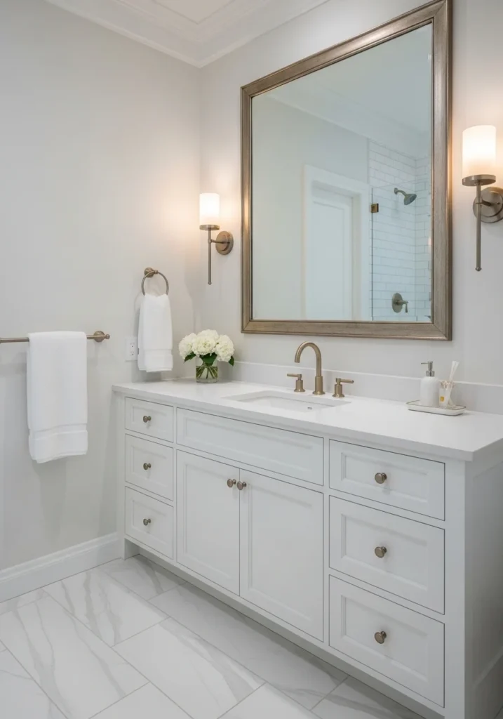 white bathroom with gold accents adding warmth and elegance