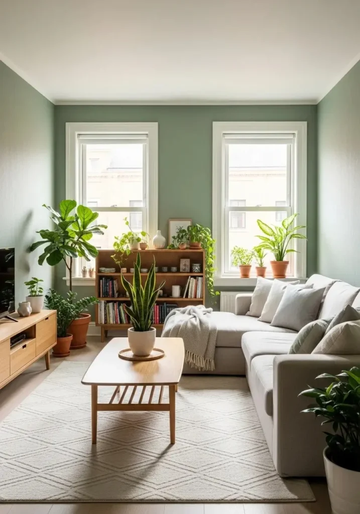 Living room with sage green walls, plants, and soft neutral décor for a calming look.