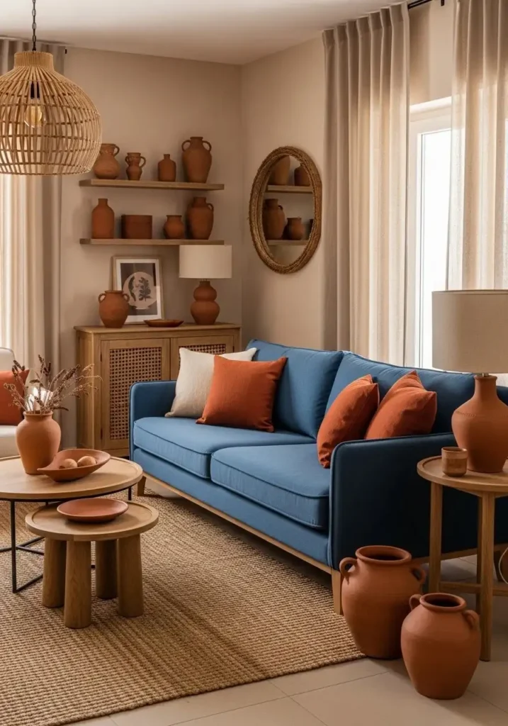 Blue couch living room with earthy terracotta and warm beige cozy natural decor style