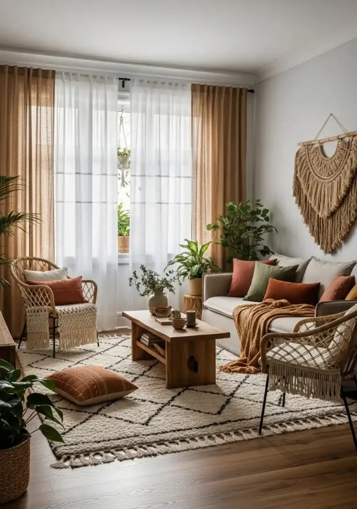 Layered curtains in natural fabrics add softness and intimacy to a boho living room