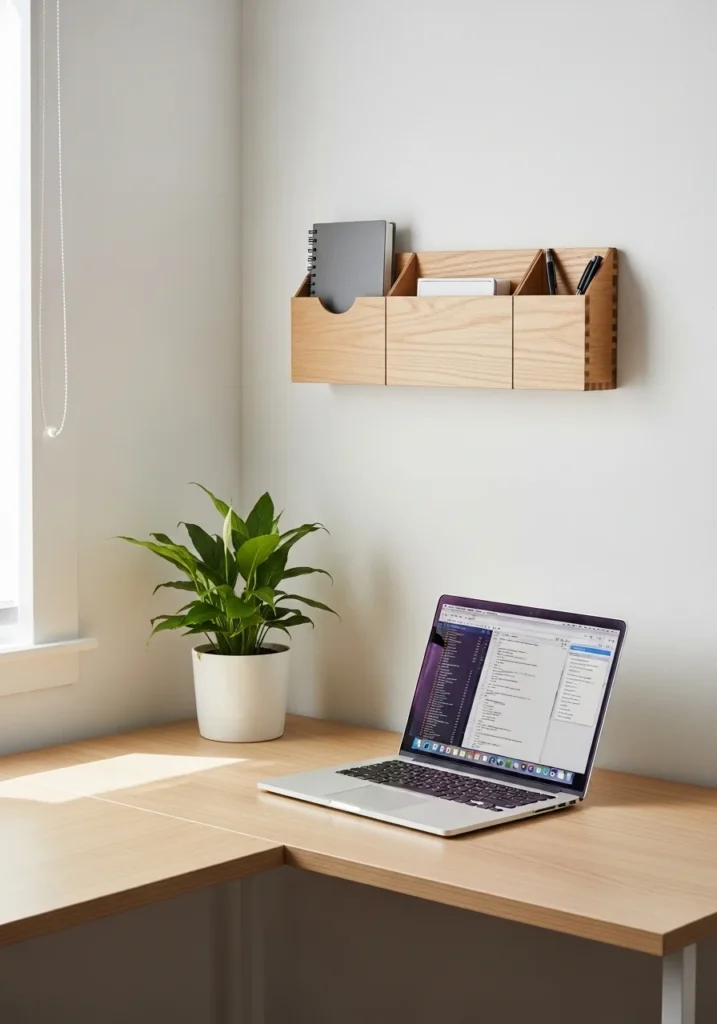 Minimal corner desk workstation in bedroom with clean, organized, modern design.