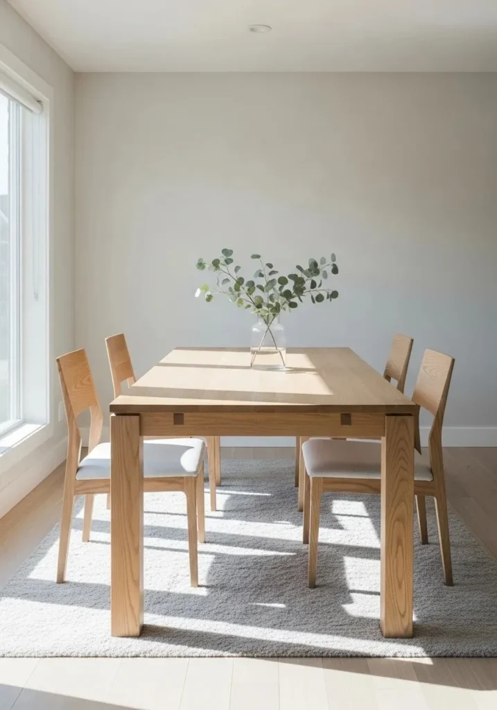 Simple glass vase with fresh greenery centerpiece on a neutral dining table