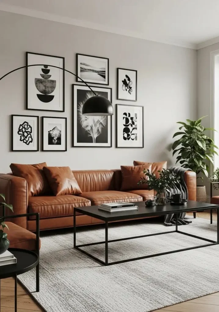 brown couch with black accents for modern contrast living room
