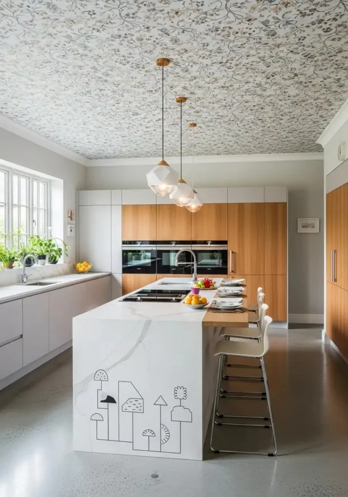 patterned wallpaper kitchen ceiling adding bold personality and style
