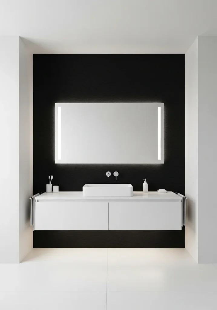 White bathroom with black accent wall adding depth and modern style.