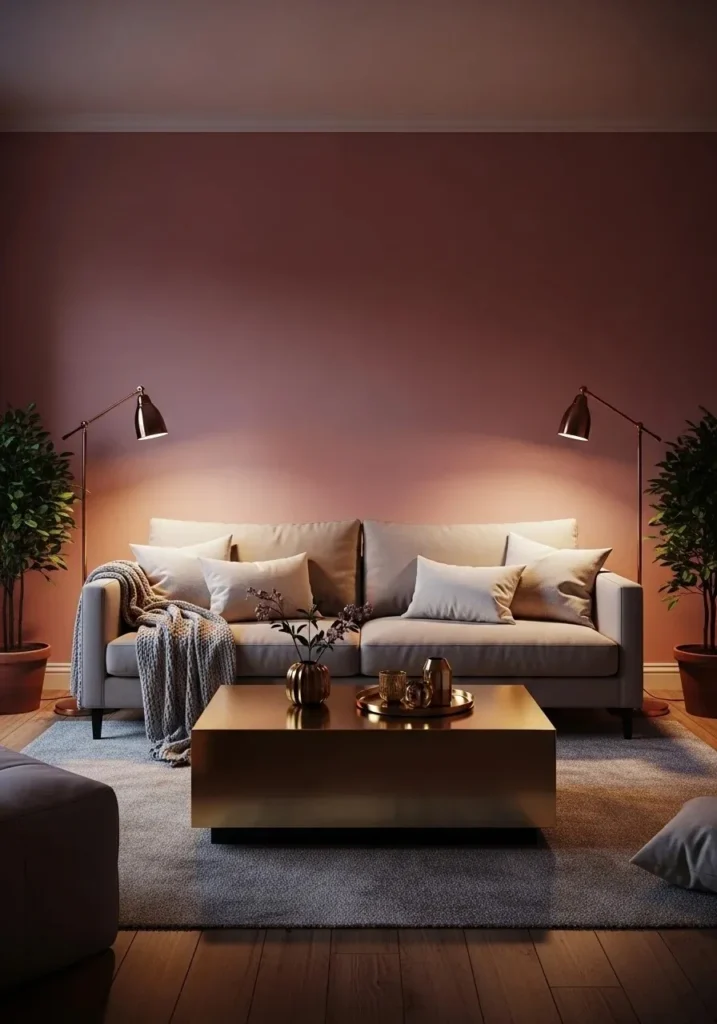 Living room with dusty pink walls and neutral furniture creating soft warmth.