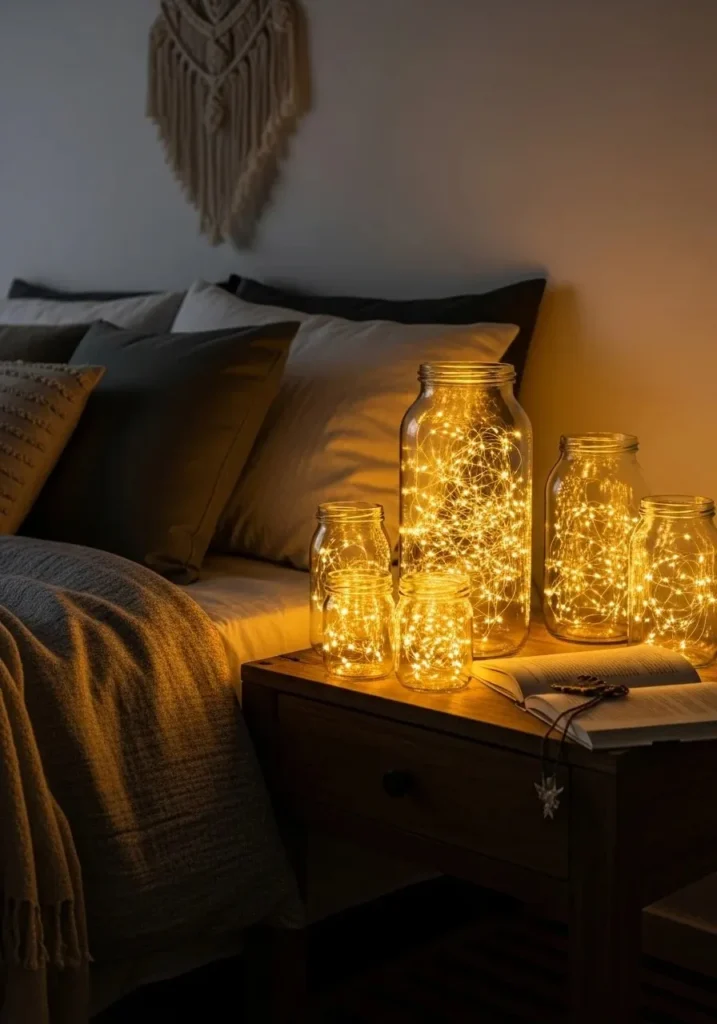 Fairy lights in glass jars creating a cozy decorative glow in a bedroom.