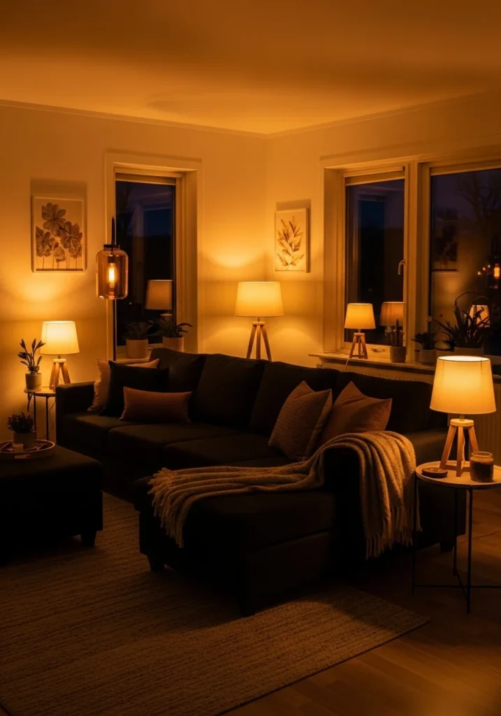 Black couch with warm lighting creating a cozy and inviting evening atmosphere