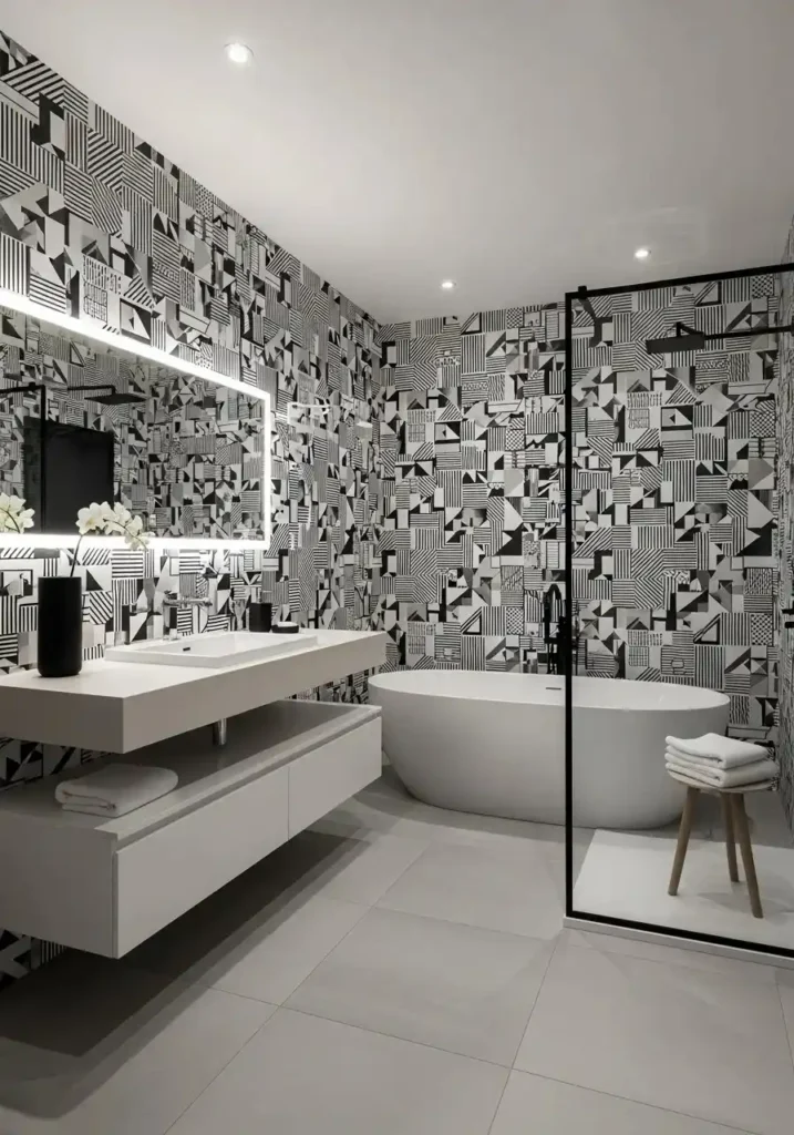 modern geometric bathroom wallpaper in black and white for a stylish clean design