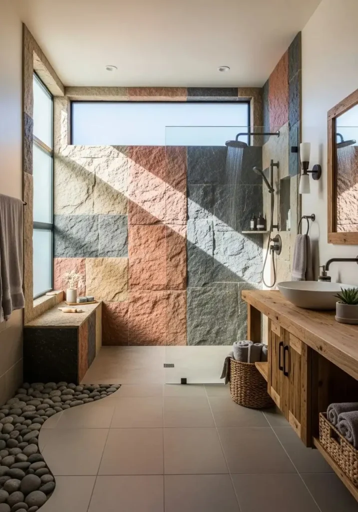 Textured stone shower walls adding depth and a natural spa-inspired look