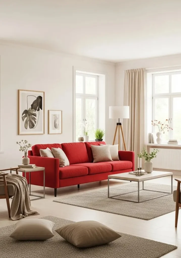 Light walls highlighting a bold red couch in living room