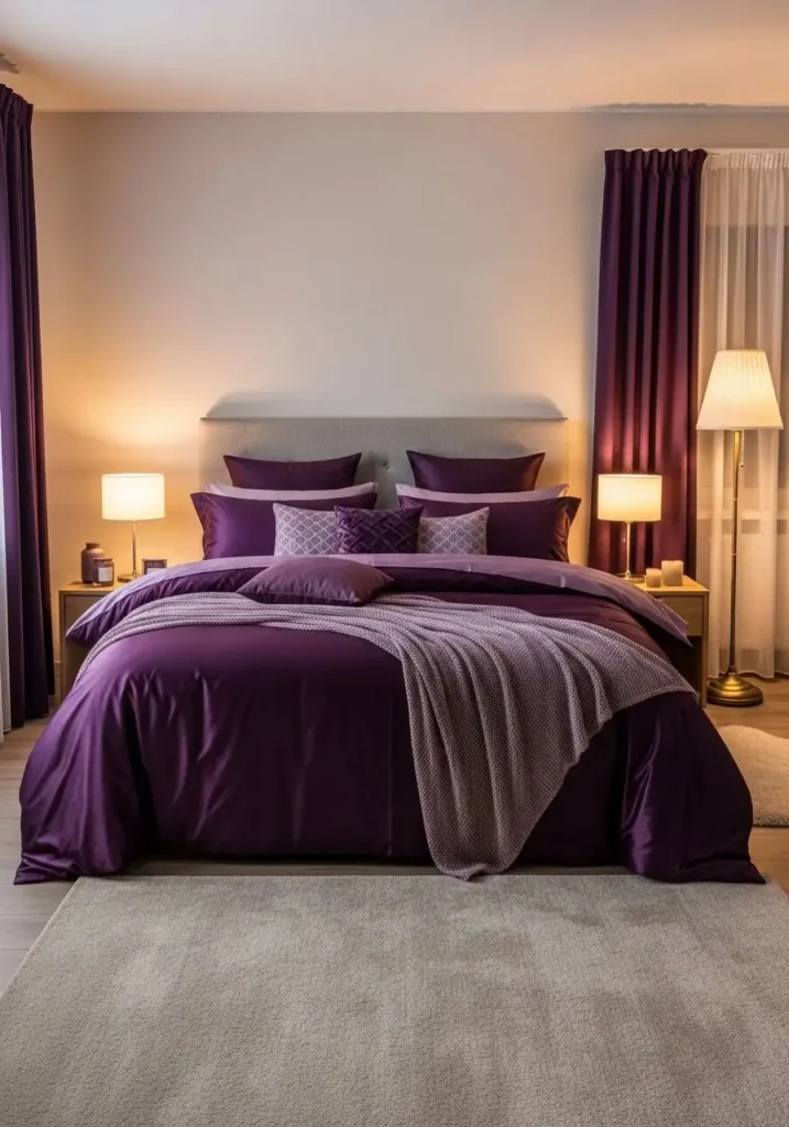 Deep purple bedding paired with warm ambient lighting and layered textures for a cozy luxurious feel.