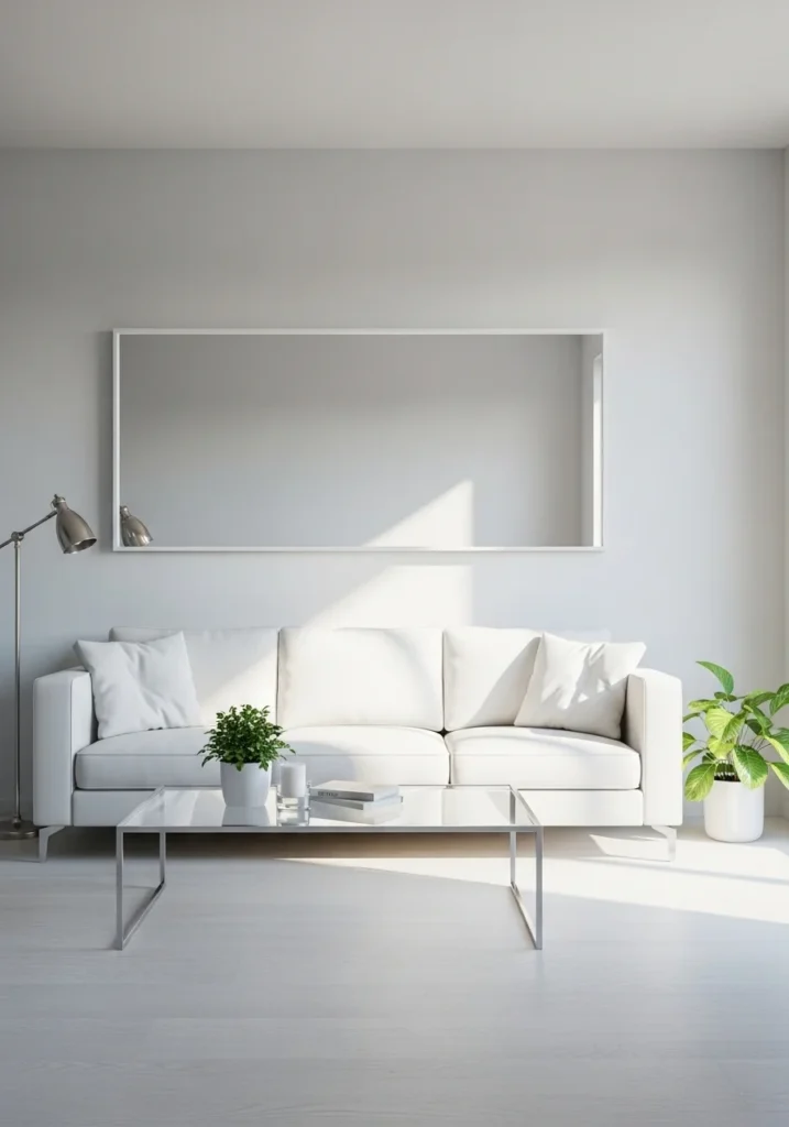 White couch living room with glass table and reflective bright airy interior