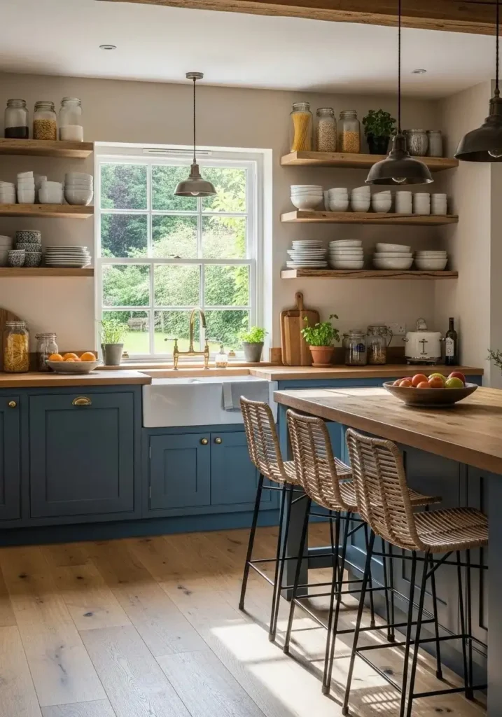 blue kitchen cabinets with open wooden shelves adding warmth and functional storage