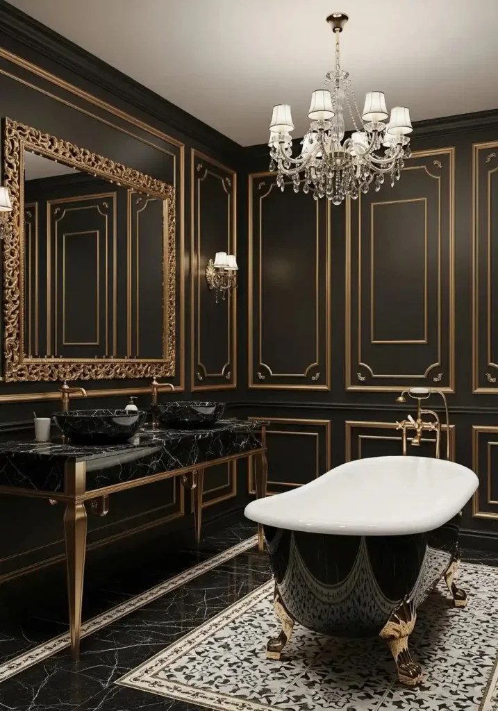 Black walls with gold trim bathroom decor