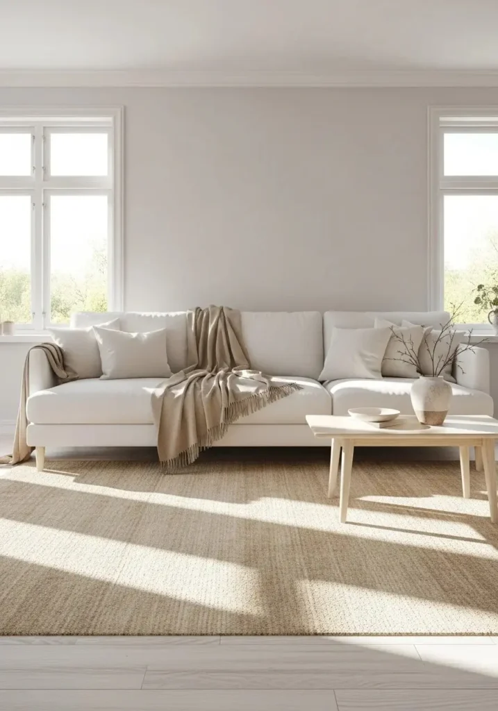 White couch living room with soft beige and cream neutral layers in a calm minimalist style