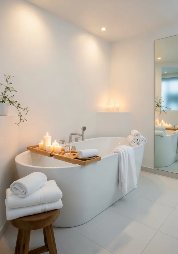 spa inspired white bathroom with towels and candles creating a peaceful retreat