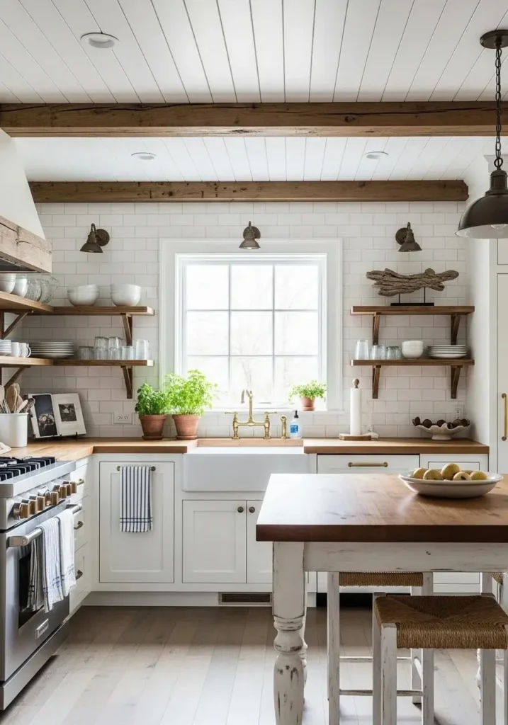 shiplap kitchen ceiling creating soft coastal farmhouse atmosphere