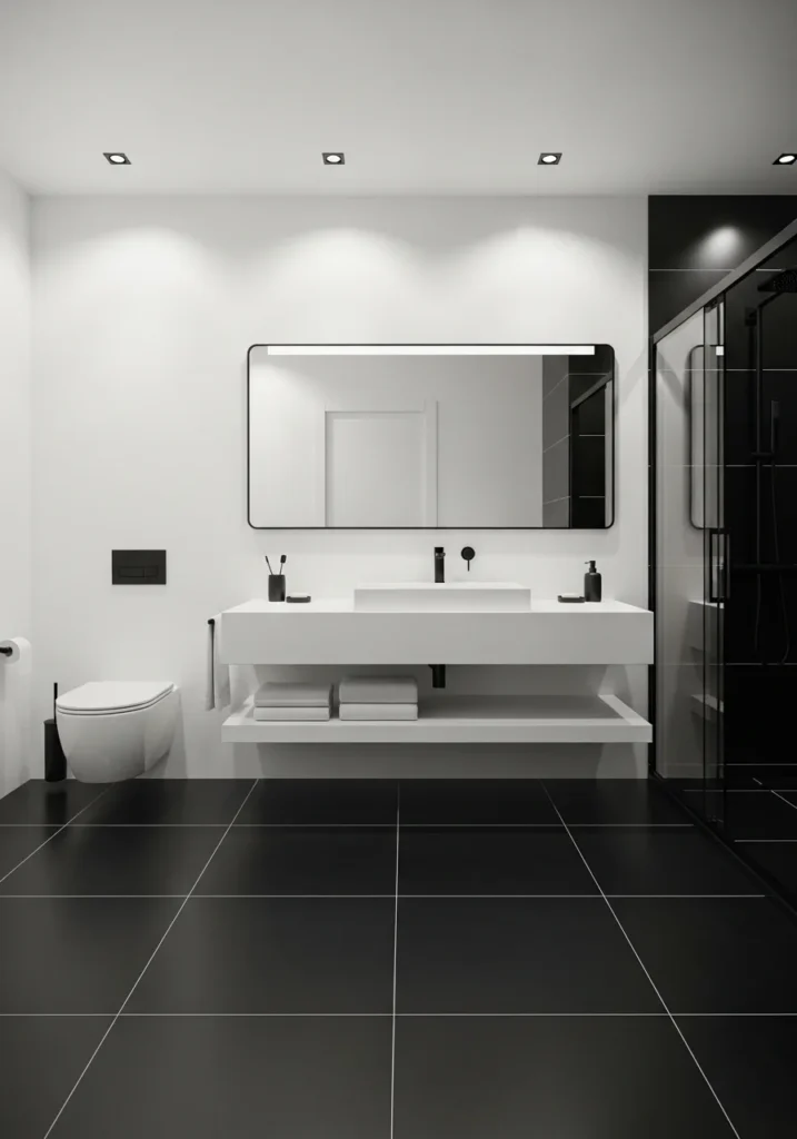 Black bathroom floor tiles with white walls contrast