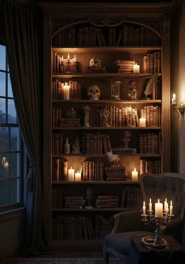 Vintage gothic bookshelf styled with books and candles in vampire bedroom.