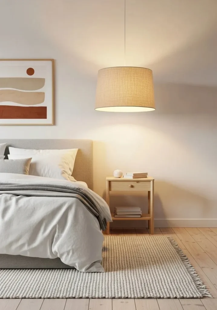 Fabric lampshade creating a soft and warm diffused light in a bedroom.