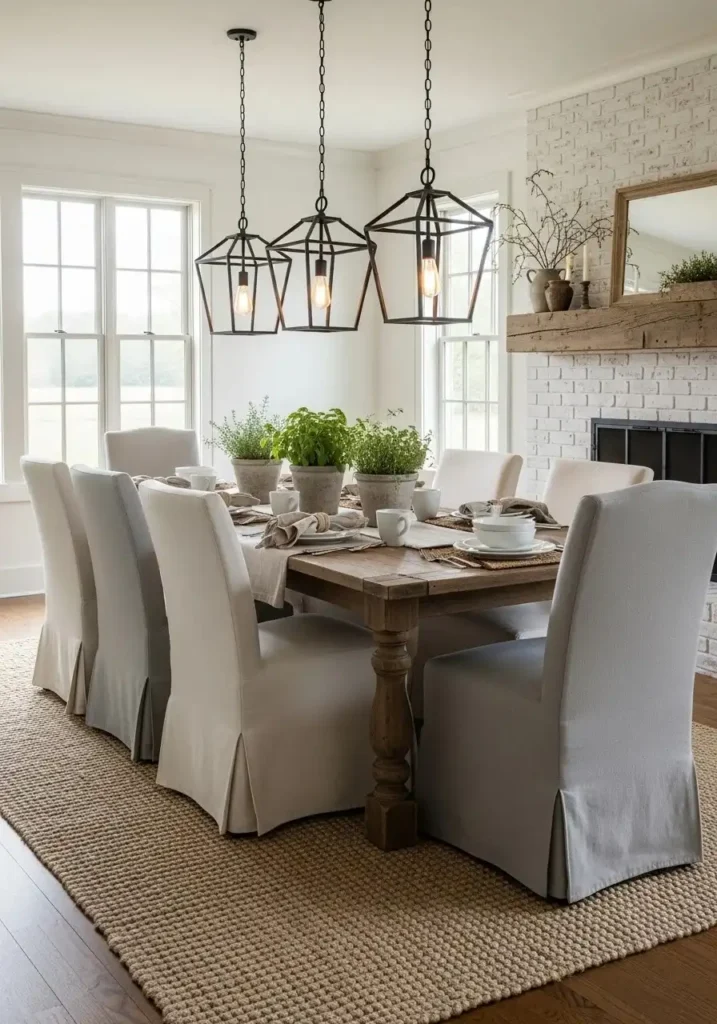 Dining room with rustic lantern lighting creating warm cozy charm
