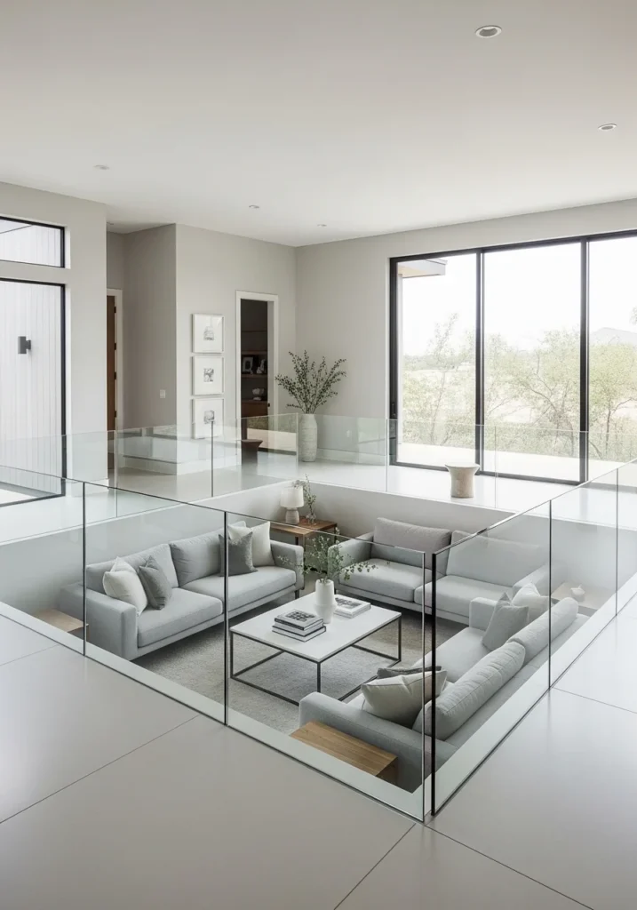 Sunken living room with glass railings and open modern layout.