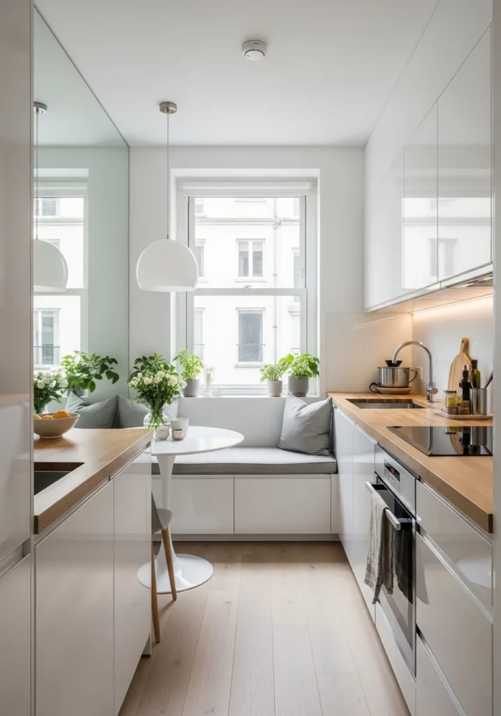 Apartment kitchen with mirror reflecting light to make the space feel bigger and brighter