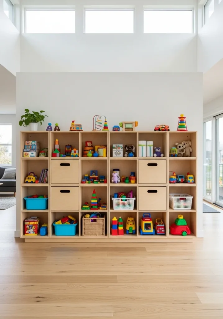 Wall-mounted cubbies used for space-saving toy storage.