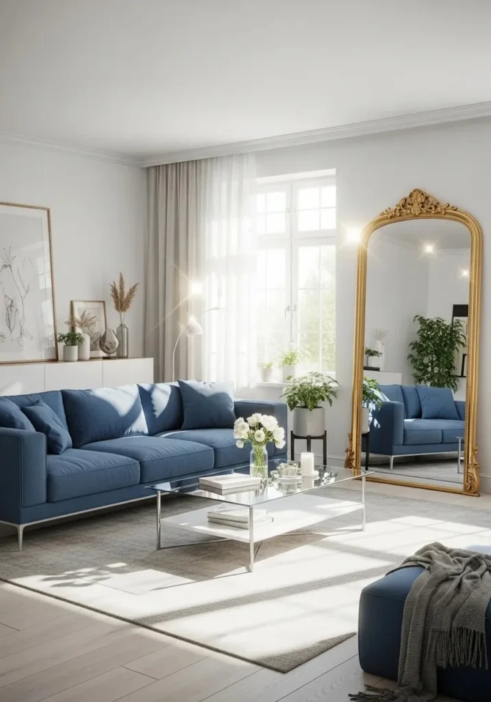 Blue couch living room with glass table and mirrors creating bright airy open space