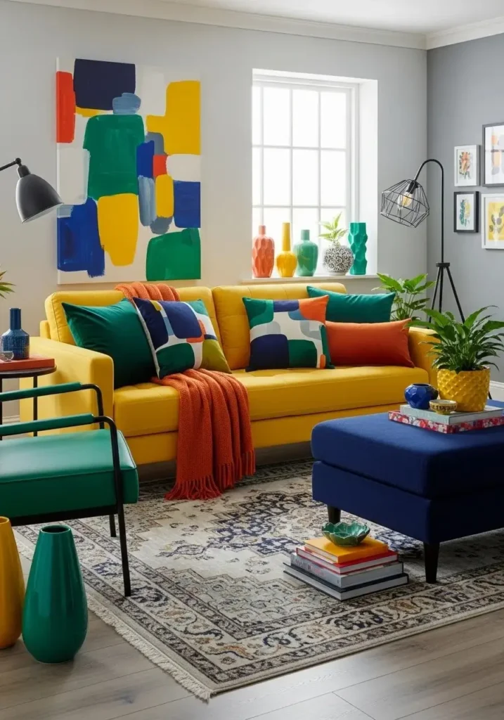Yellow couch living room with bold accent colors like green and navy stylish interior design