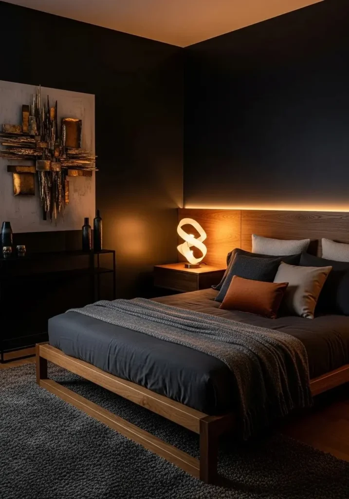 Black walls with warm brown furniture creating a bold and cozy bedroom