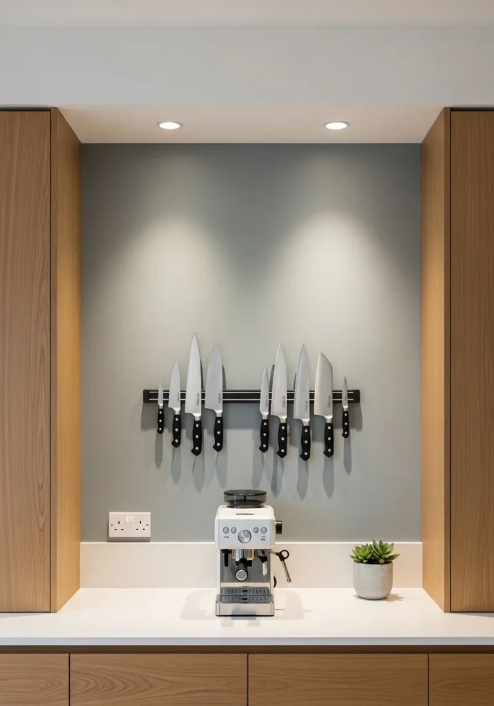 Small kitchen with magnetic knife strip saving counter space and adding a modern touch