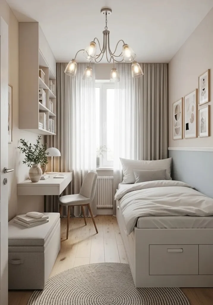 Small chandelier idea for compact bedroom spaces
