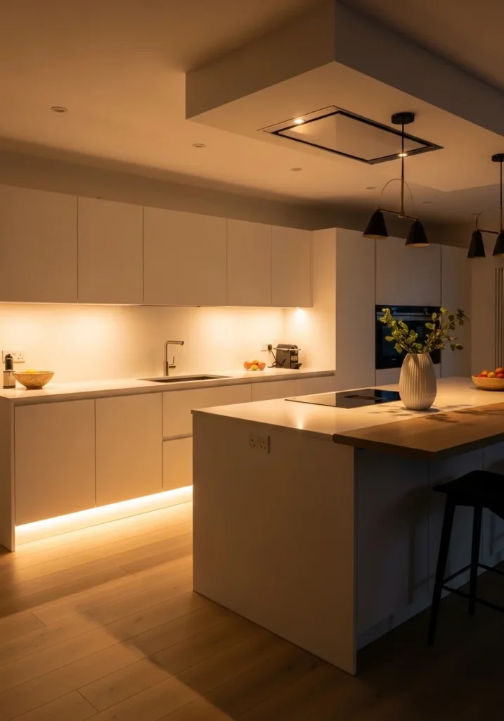 Warm under-cabinet lighting highlighting white oak kitchen cabinets